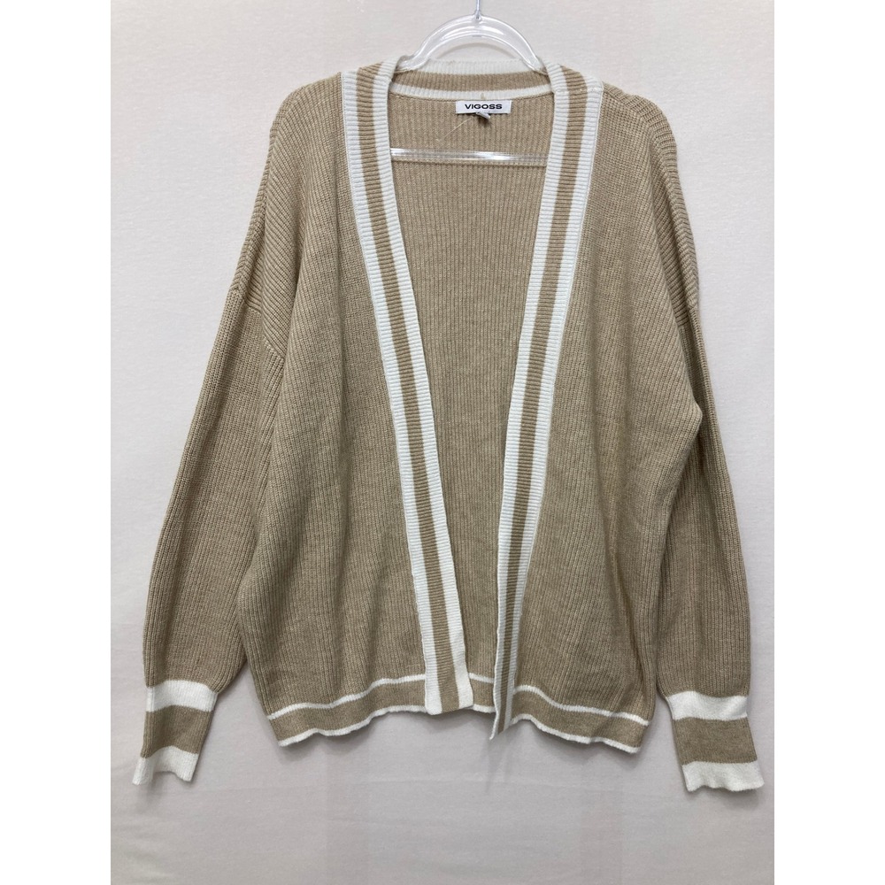 Vigoss Cardigan Sweater XL Tan Varsity Stripe Open Front Ribbed Knit Cozy